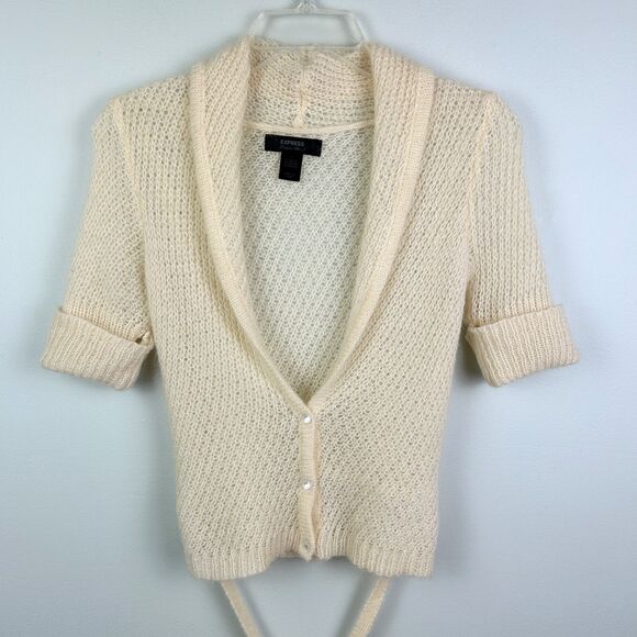 Express Wool Mohair Crop Cardigan Sweater Cream Button Down Half Sleeve Belt S - Picture 1 of 9